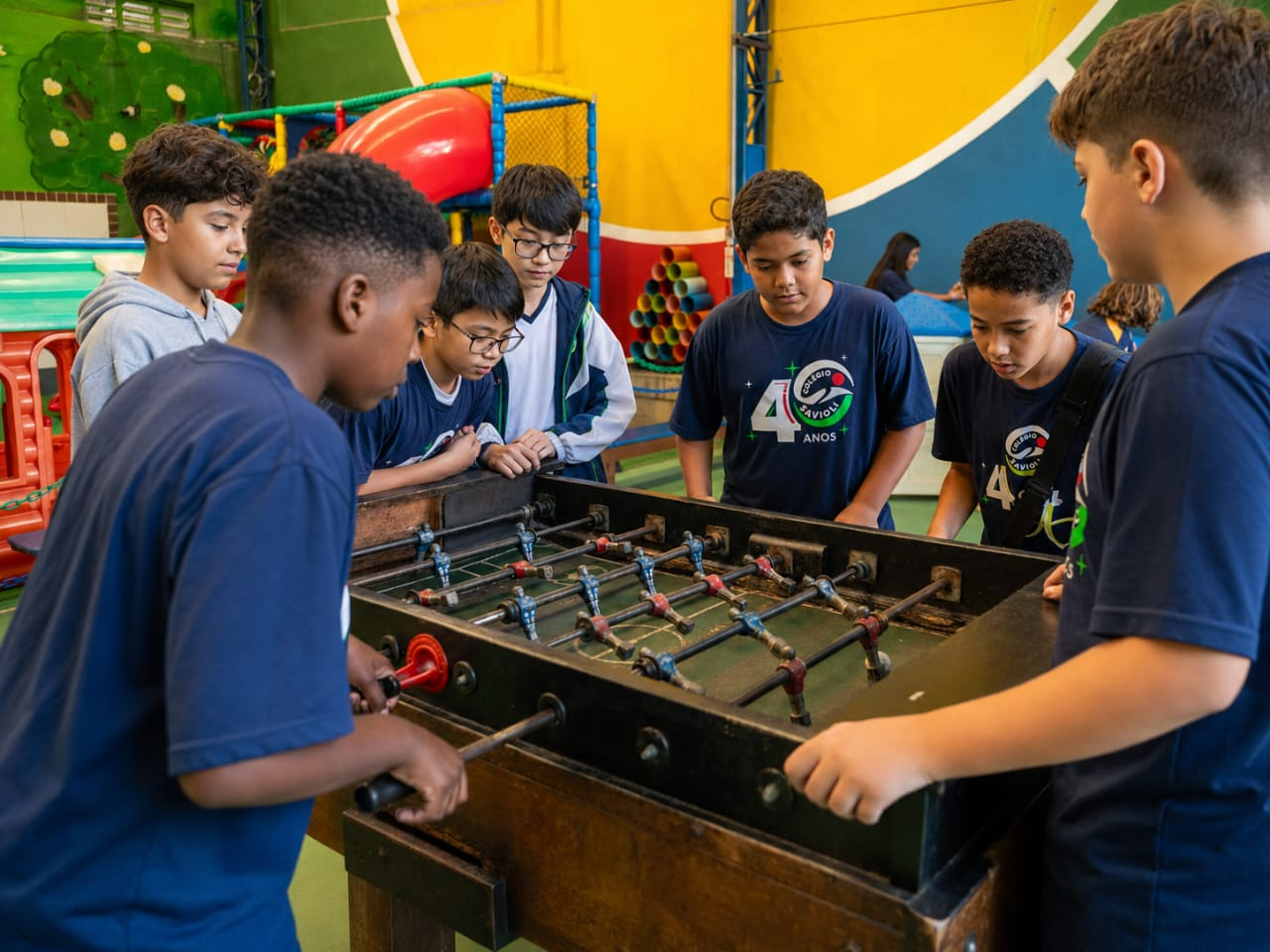Alunos do Ensino Fundamental II do Colégio Savioli jogando pebolim.