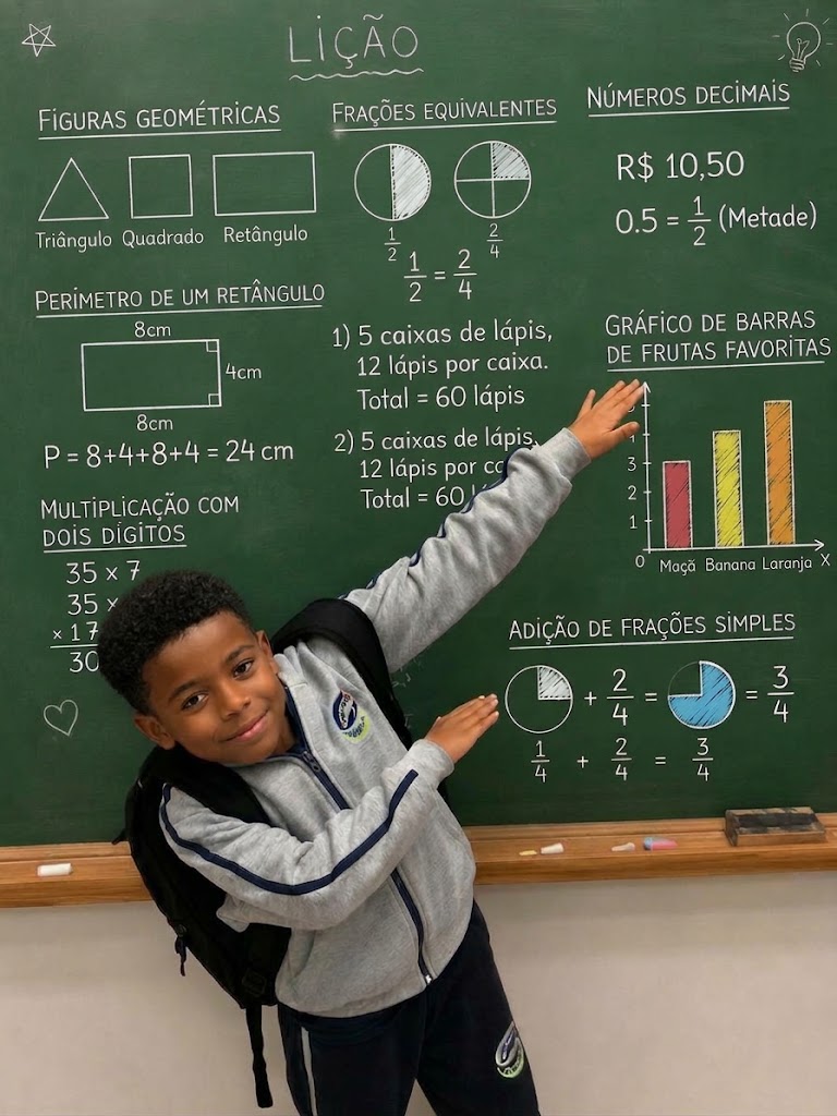 Aluno do Colégio Savioli diante da lousa em atividade de matemática.